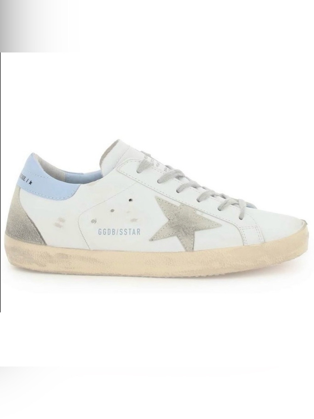 Authentic Golden Goose White Leather Sneakers with Gray Star and Light Blue Heel